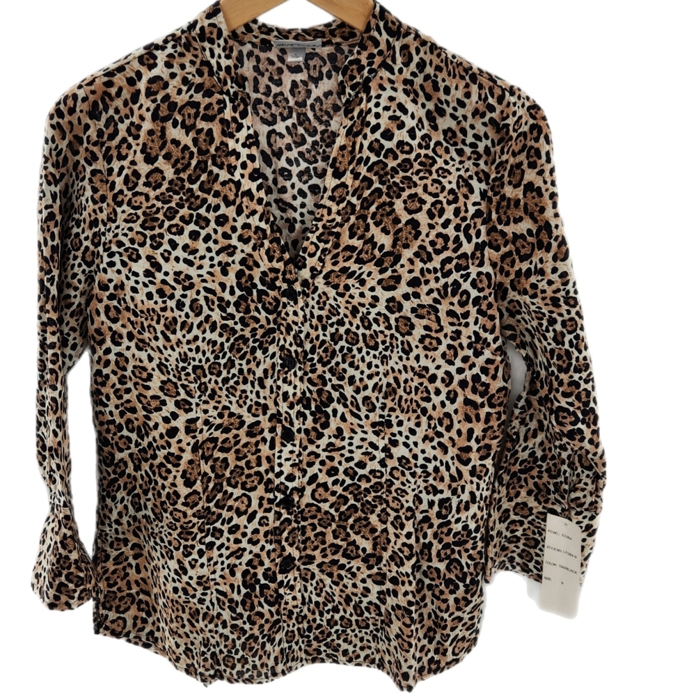 Harvé Benard Leopard Print Linen Blend Button Down Womens Top Size Small